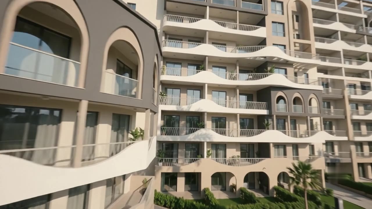 Curved balconies with glass railings on the apartment towers