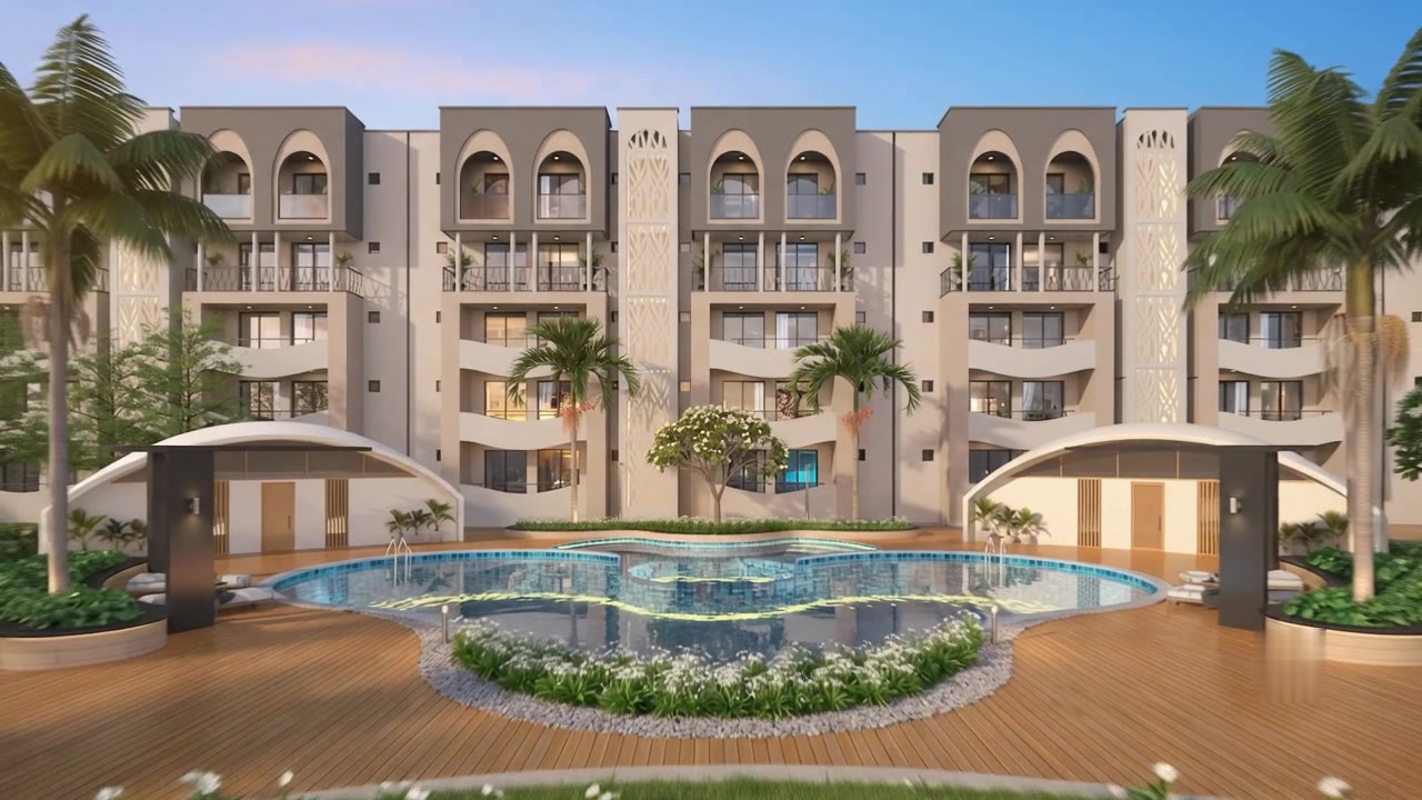 Central courtyard with a round pool, palms and pavilions