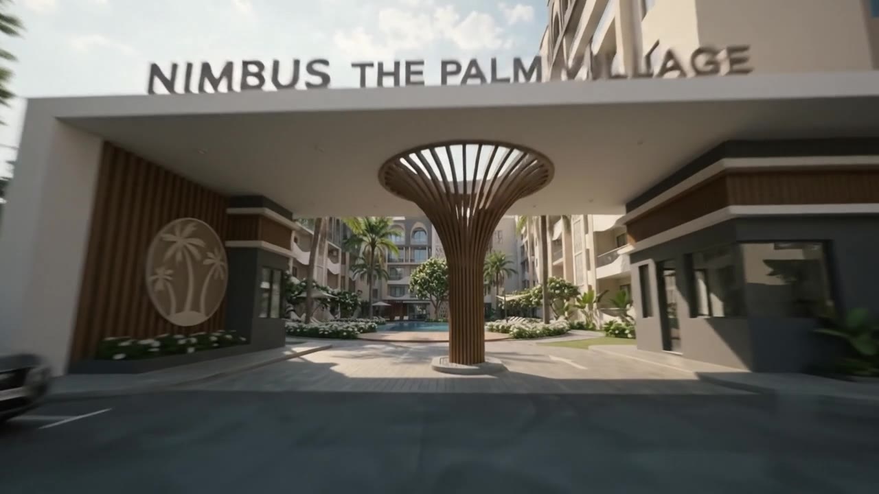 Main entrance gate with the Nimbus The Palm Village sign