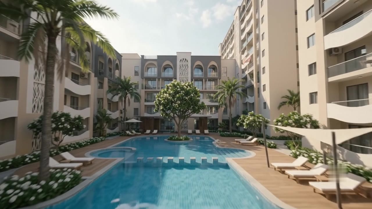 Swimming pool with sun loungers beside the towers